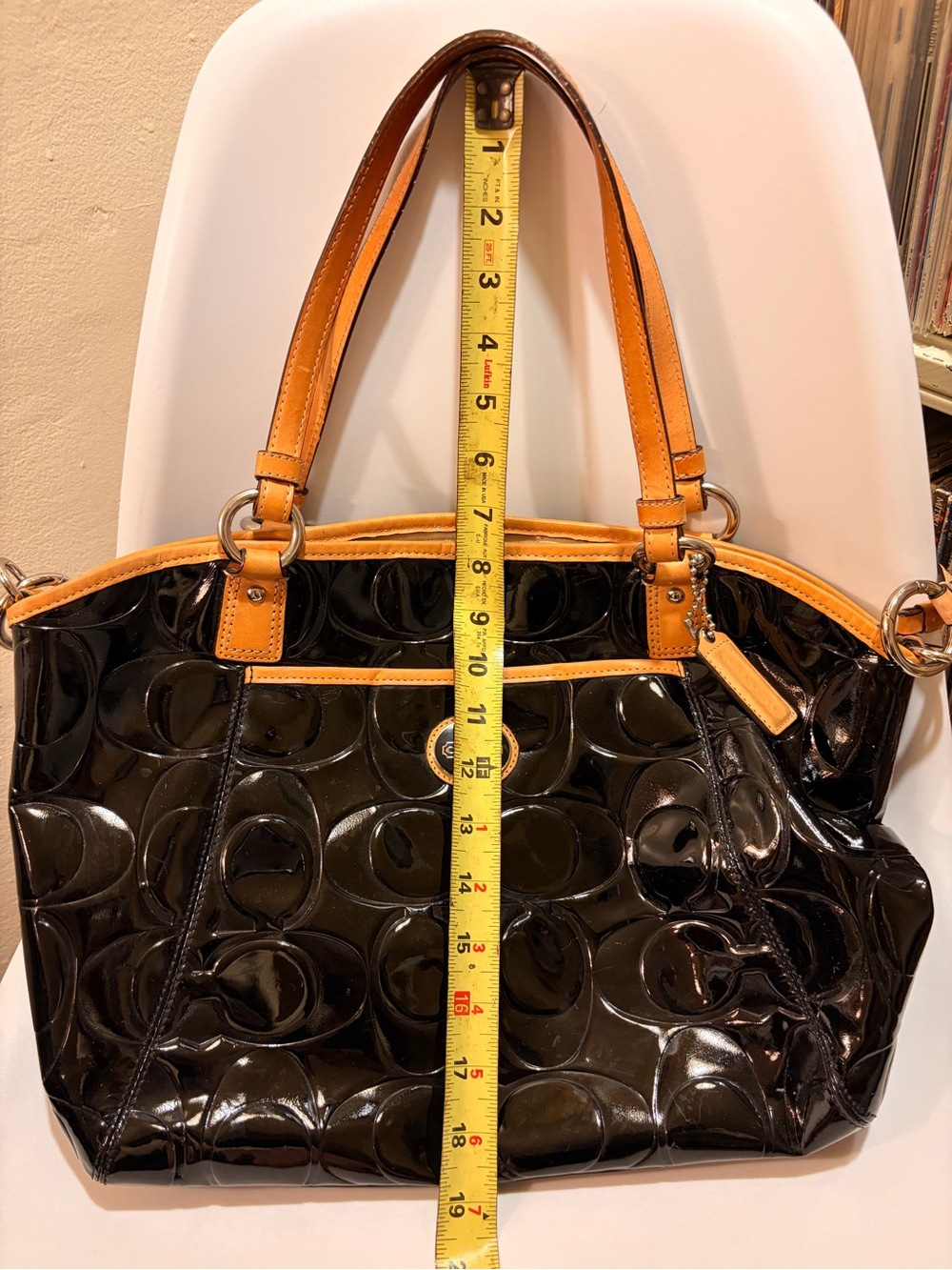 Coach Black Patent Leather Tote with Tan Trim - Picture 6 of 8